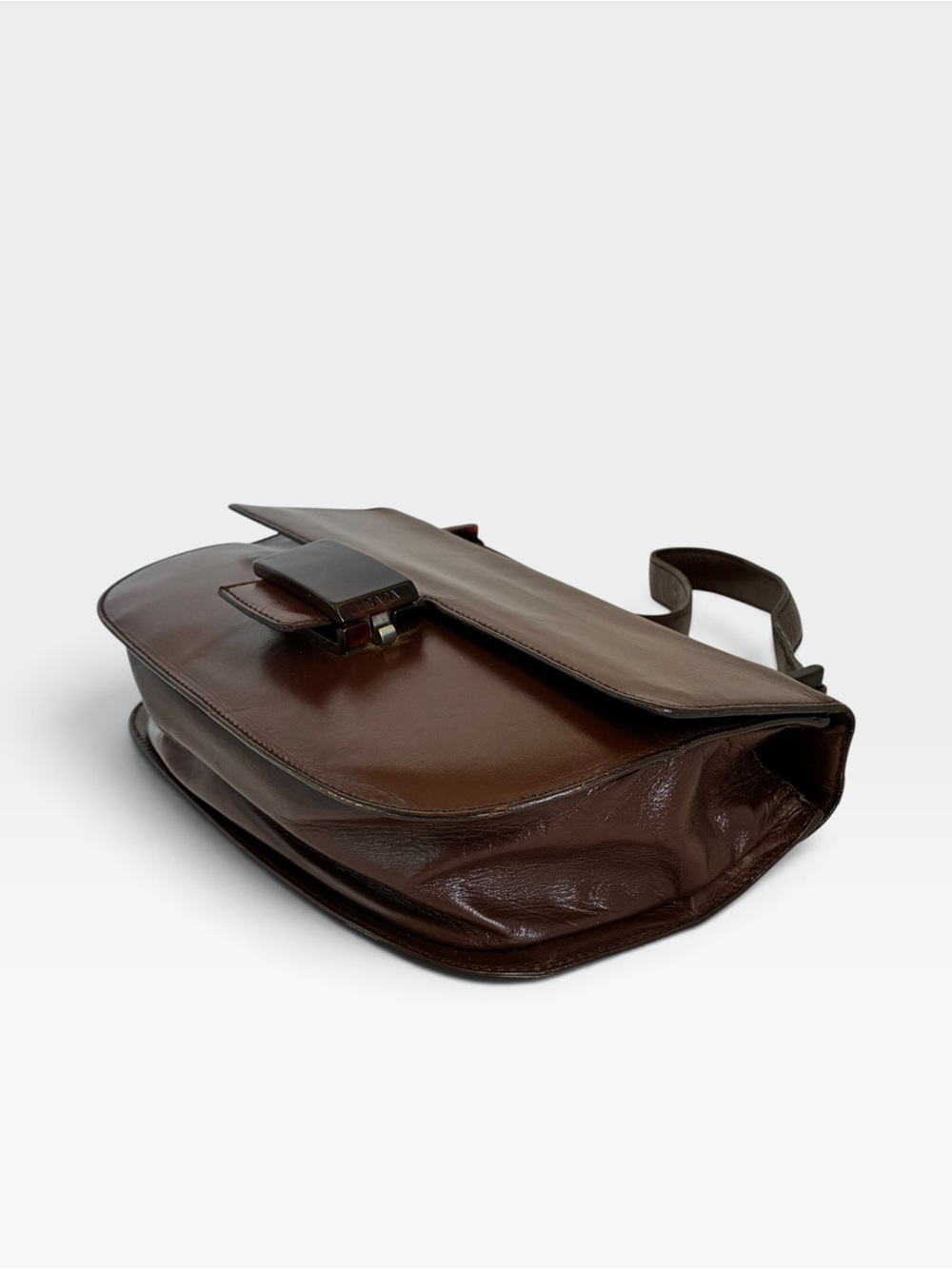 Vintage Prada Brown Leather Shoulder Bag Flap Clasp Logo Y2K - Picture 7 of 12